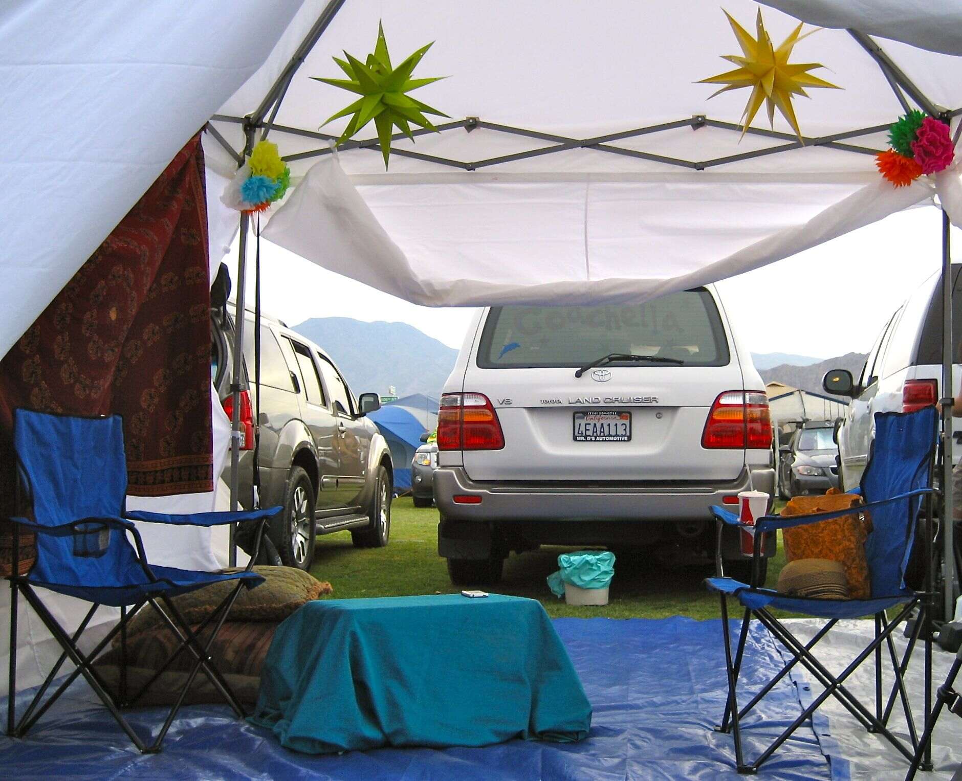 A simple but comfortable car camping setup at Coachella.