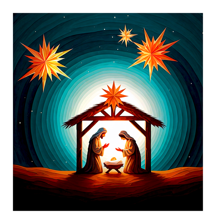 A traditional Christmas nativity scene with Joseph and Mary inside a stable, representing the birth of Jesus.