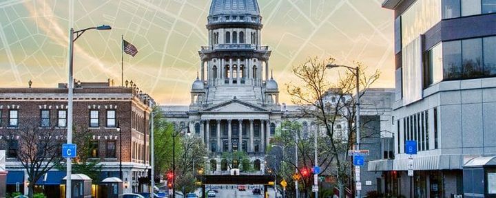 Panoramic photo of the Illinois State Capitol in Springfield, Illinois.