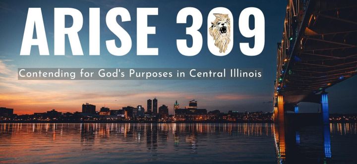 "Arise 309" event header with a Central Illinois skyline and bridge at sunset.