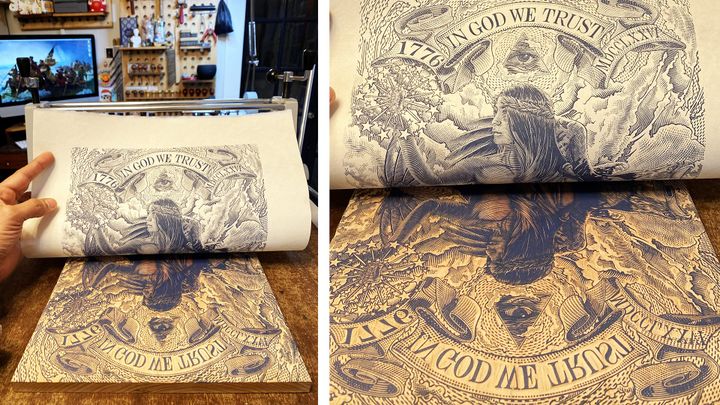 Artist pulls back a print made from a wood block that says in God we strus