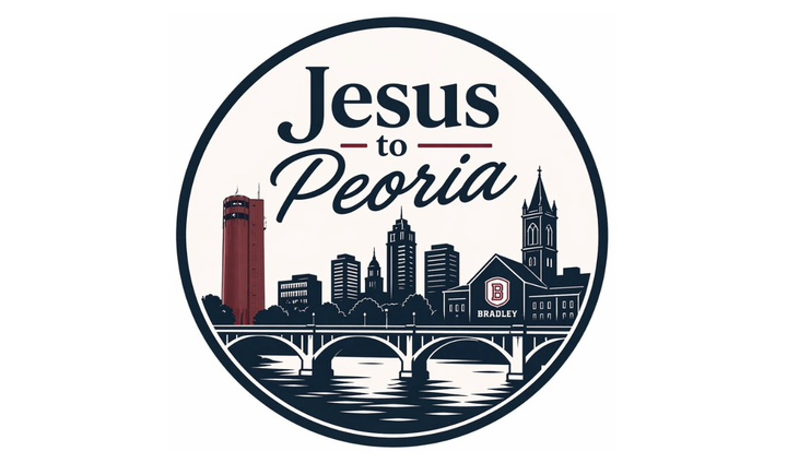 A logo featuring a city skyline and bridge over a river features the words Jesus to Peoria.