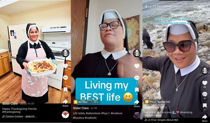 Three TikTok screenshots of Sister Clare Key: holding a baking dish on Thanksgiving in her convent kitchen, dancing joyfully with the caption "Living my BEST life," and smiling at the ocean.