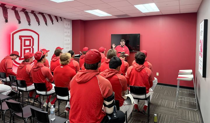 Bradley University baseball players gather for an FCA Bible study in Peoria, Illinois.
