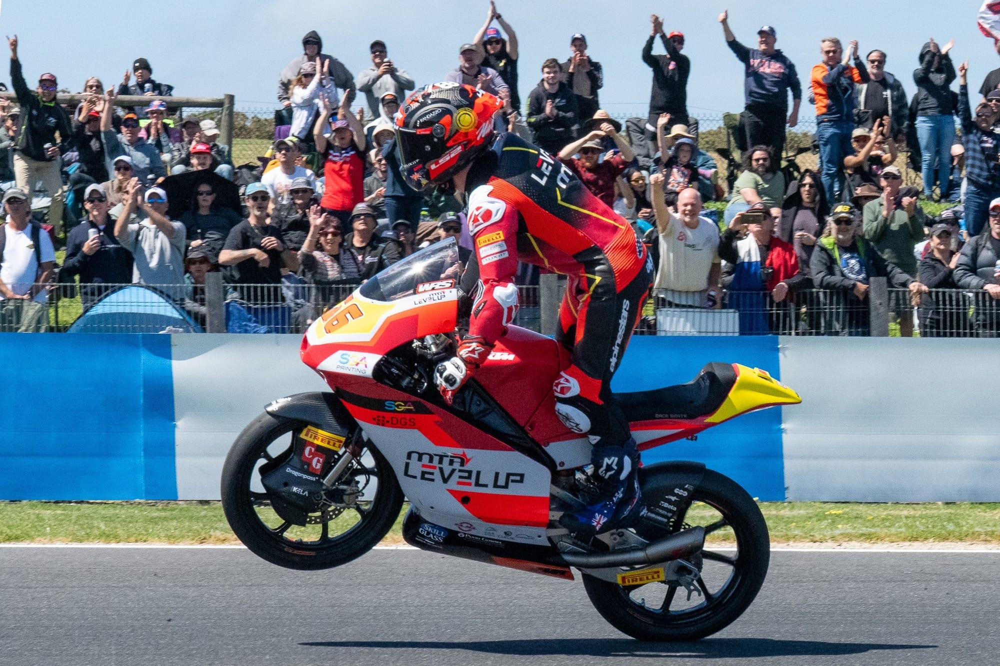 Moto3 rider Australian Joel Kelso (66) celebrating pole position for Sunday’s Moto3 race.  Photo: IanR Photography.