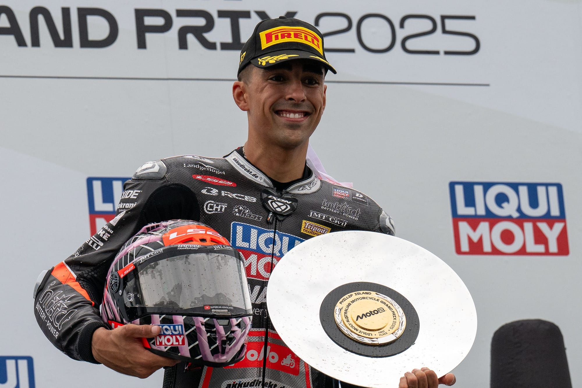 A very happy Senna Agius, winner of the Moto2 category. Photo: IanR Photography.