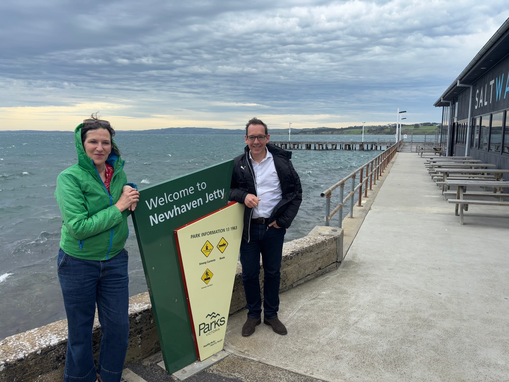 Jordan Crugnale MP with Minister for Outdoor Recreation Steve Dimopoulos at Newhaven Jetty, which will now be repaired and reopened thanks to $5.5 million funding through Better Boating Victoria.