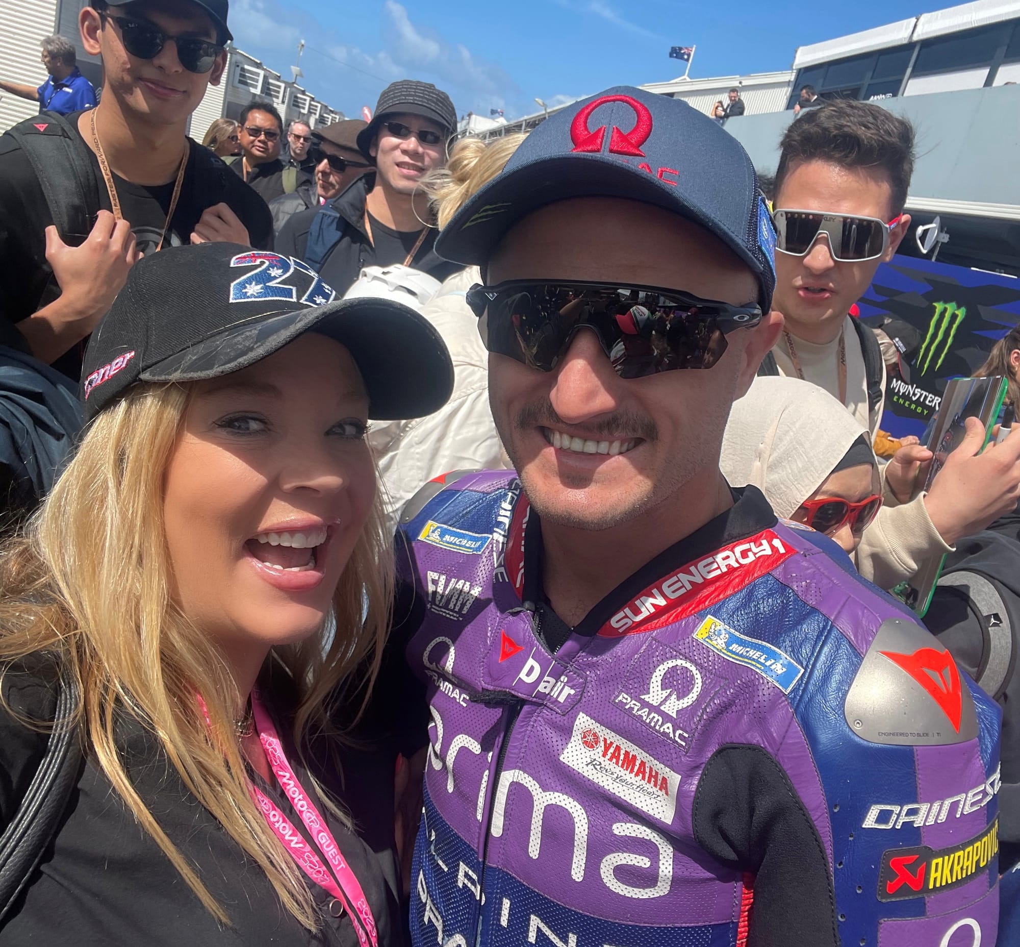 Katrina Lawrence with Australian rider Jack Miller at locals day on Friday. Photo: Katrina Lawrence.
