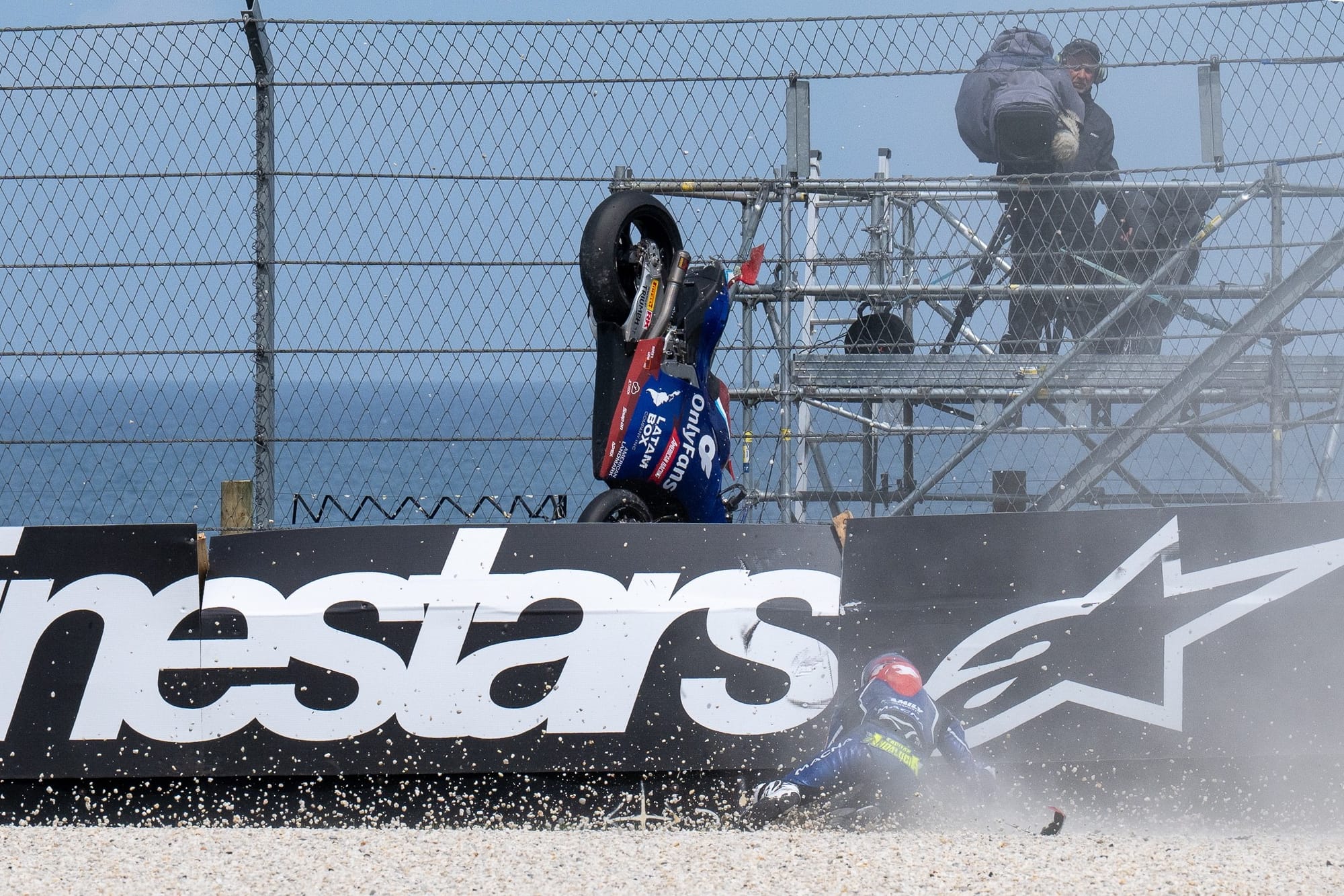 That was one lucky cameraman at Siberia when Marcos Ramirez and his bike hit the barrier today, just feet from where he was filming. Photo: IanR Photography.