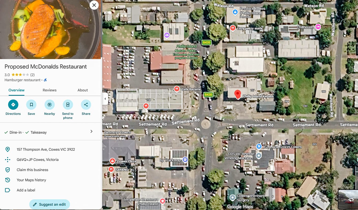 Cheeky Macca's reference on Google Maps