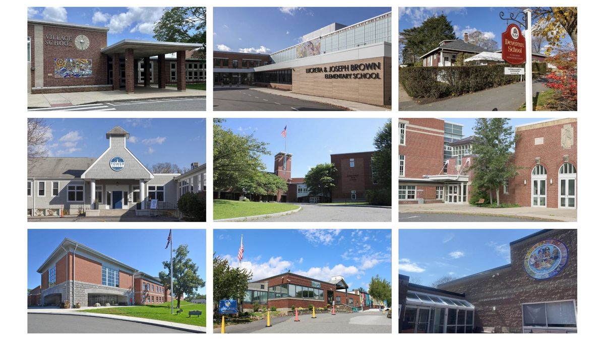 Grid of exterior photographs of nine different school buildings