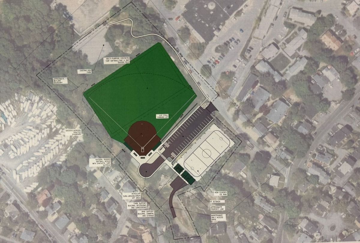 An earlier concept for Reynolds Field shows a covered ice rink beside a softball and soccer field and a 41-space parking lot