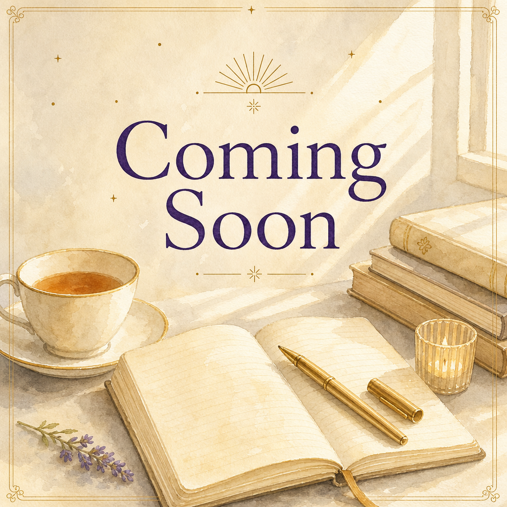 A Coming Soon image with an empty notebook on a desk. A pen sits on top of it, with some books, a lit candle, tea, and a lilac nearby.