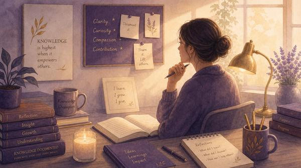 A woman holding a pen with a notebook in front of her, surrounded by books and messages about knowledge.