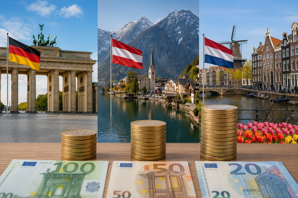 comparație salarii Germania, Austria și Olanda, flagurile țărilor