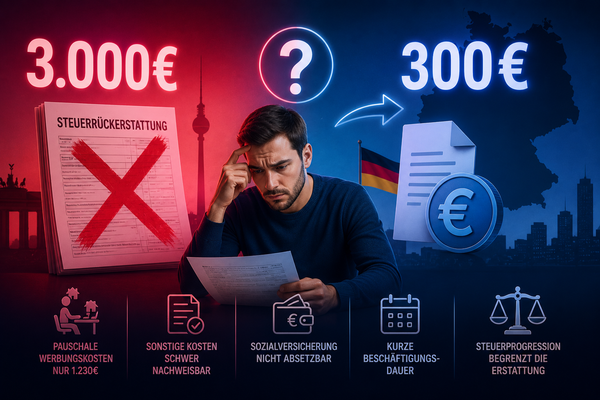 bărbat se gândește, îngândurat, Finanzamt, puțini bani versus mulți bani