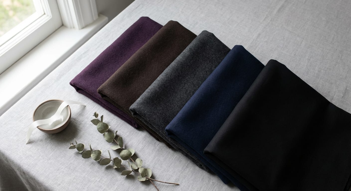Fabric swatches in appropriate funeral colors arranged in gradient from black to deep purple showing respectful color options