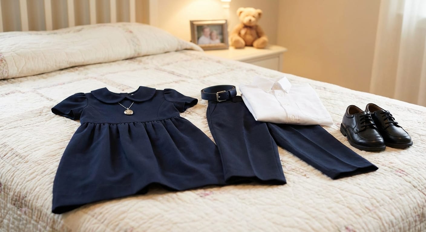 Child's appropriate funeral outfit with dark navy dress and comfortable dress shoes displayed on bed in soft lighting