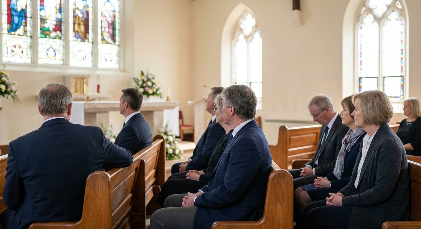 Interior of peaceful memorial service venue with attendees in appropriate funeral attire seated respectfully with soft natural lighting