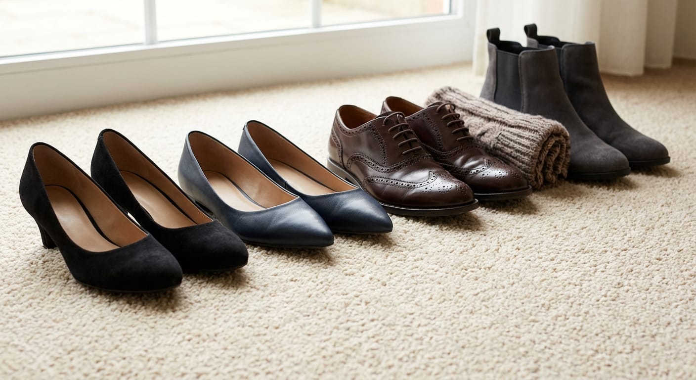 Comfortable funeral footwear options including low-heeled pumps and dress flats arranged on soft carpet with natural lighting