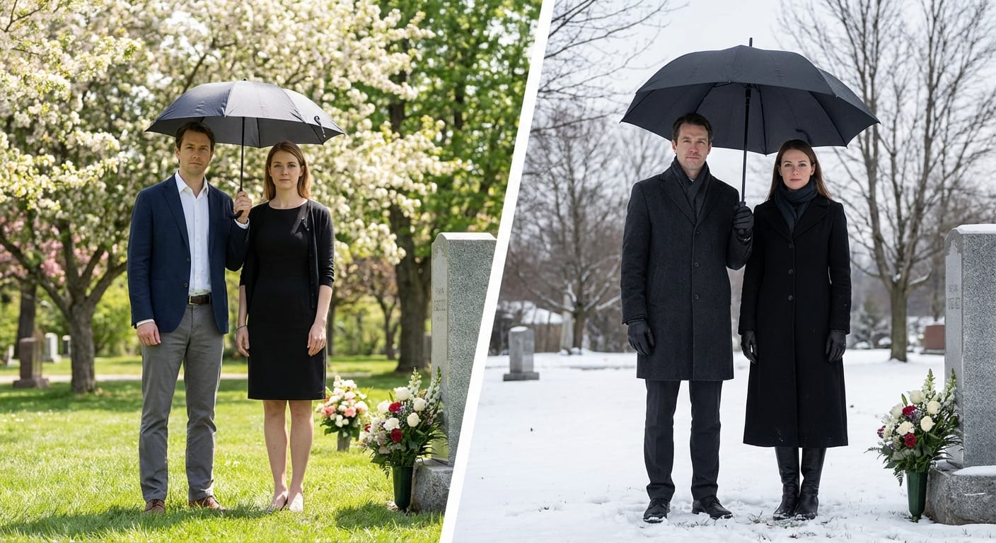 Seasonal funeral attire including lightweight dark blazer, warm coat and umbrella for weather protection in outdoor setting