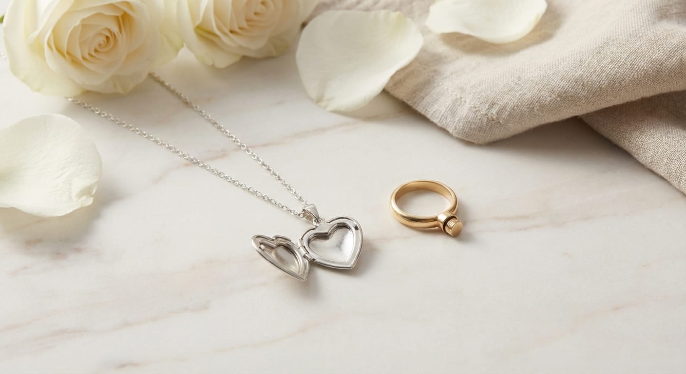 A collection of cremation jewelry including a silver heart-shaped pendant locket and gold memorial ring, arranged on a marble surface with soft lighting and a white rose petal