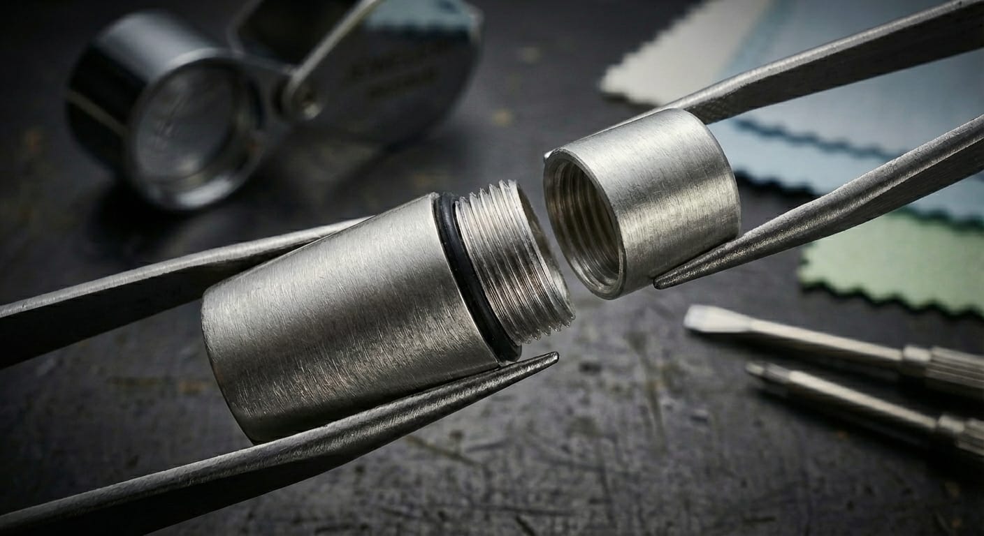 Close-up macro photograph of a sterling silver cremation pendant showing precision-threaded closure mechanism partially unscrewed to reveal secure threading and rubber gasket seal, with jeweler's tools in background