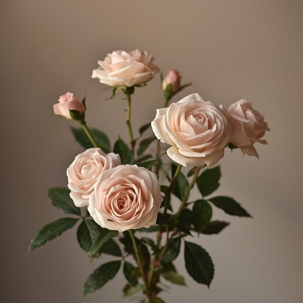 A soft pink rose plant with several open blooms
