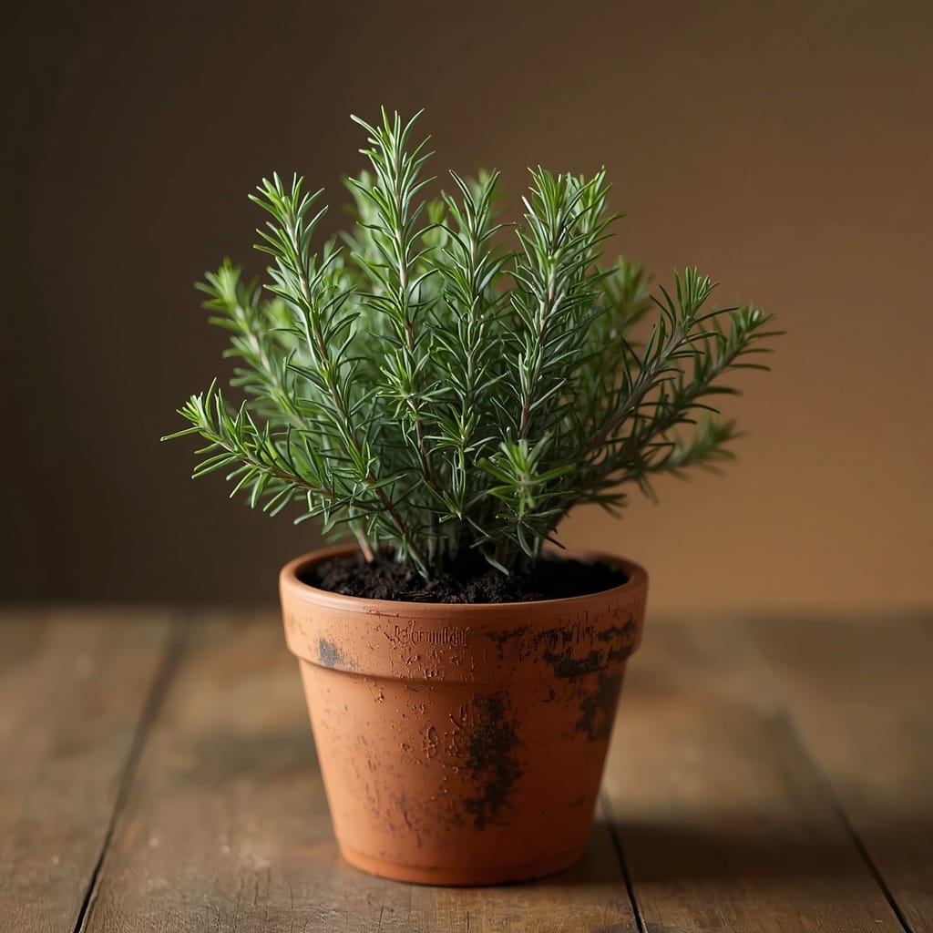A potted rosemary plant with fine needle-like green leaves