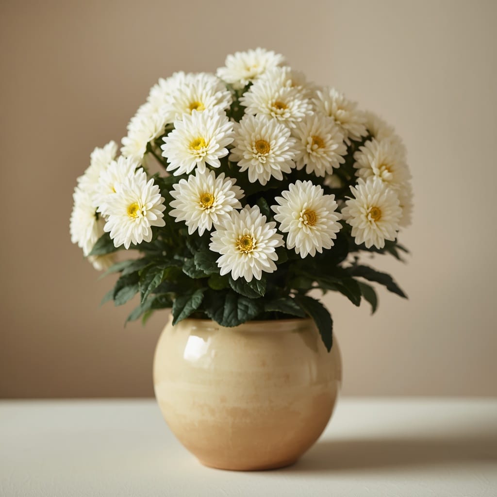 A potted white chrysanthemum plant with dense, full blooms
