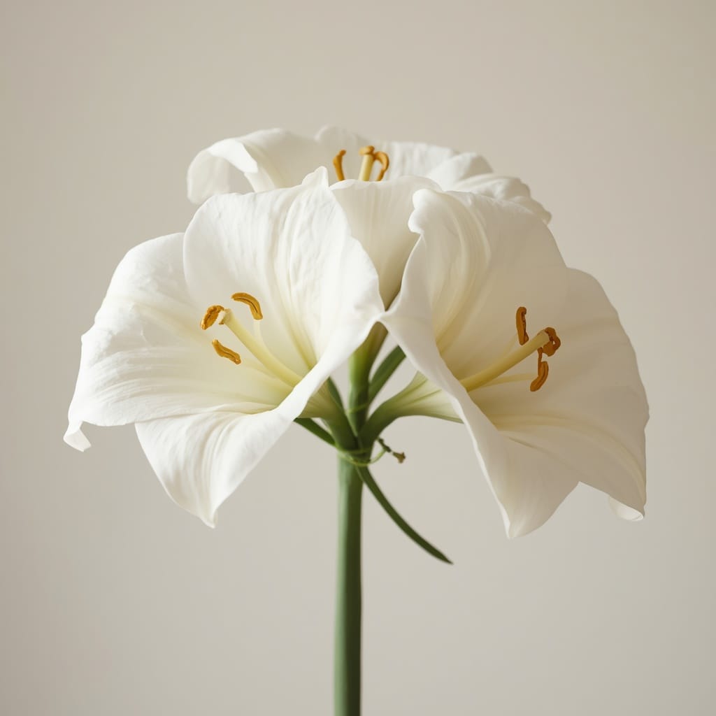 A white Easter lily with open trumpet-shaped blooms
