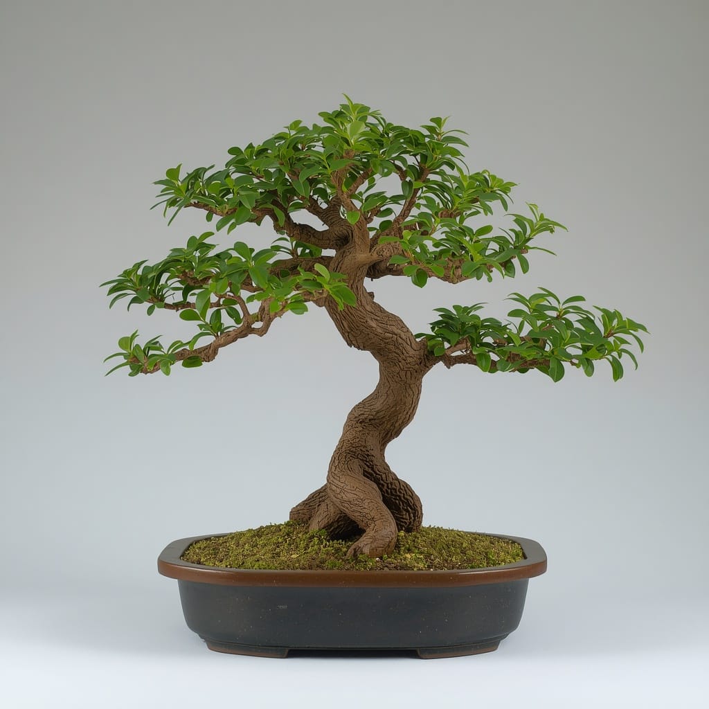 A small bonsai tree with a gracefully shaped trunk in a shallow ceramic pot