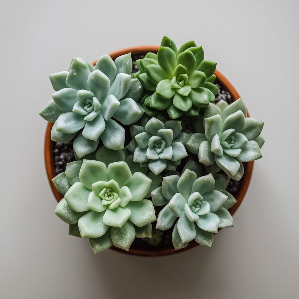 A small potted arrangement of rosette-shaped succulents in soft green tones