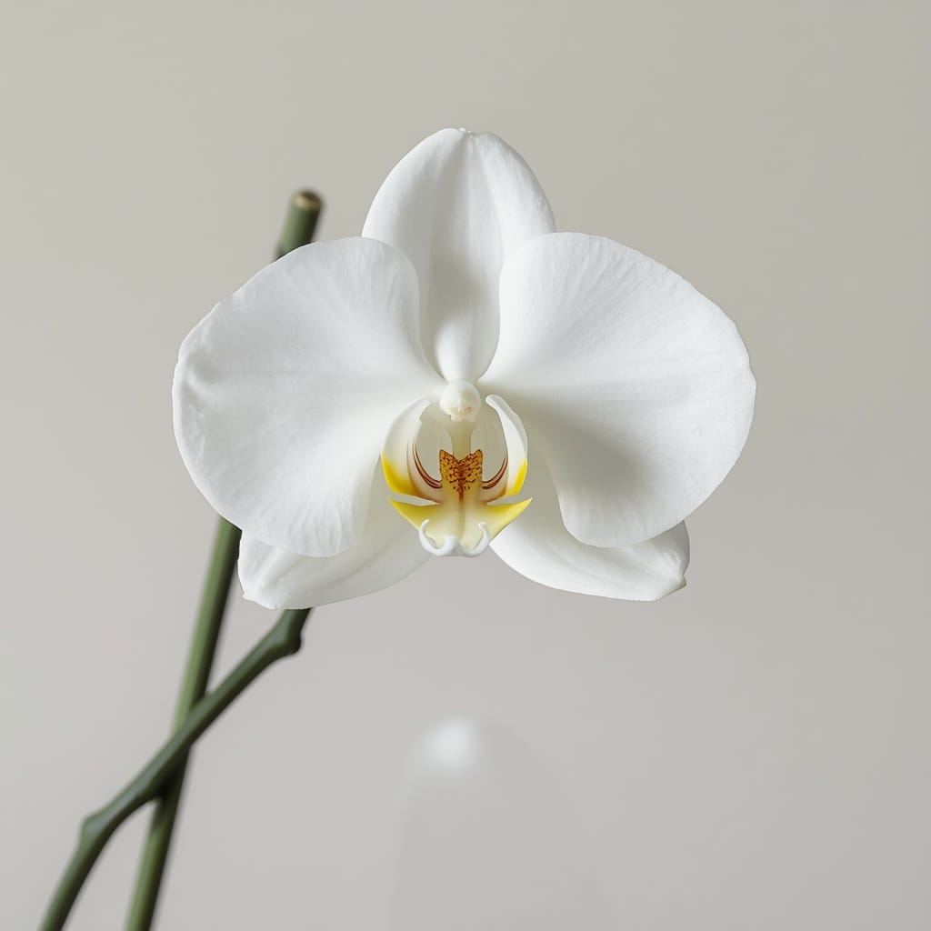 A white Phalaenopsis orchid in full bloom against a soft neutral background