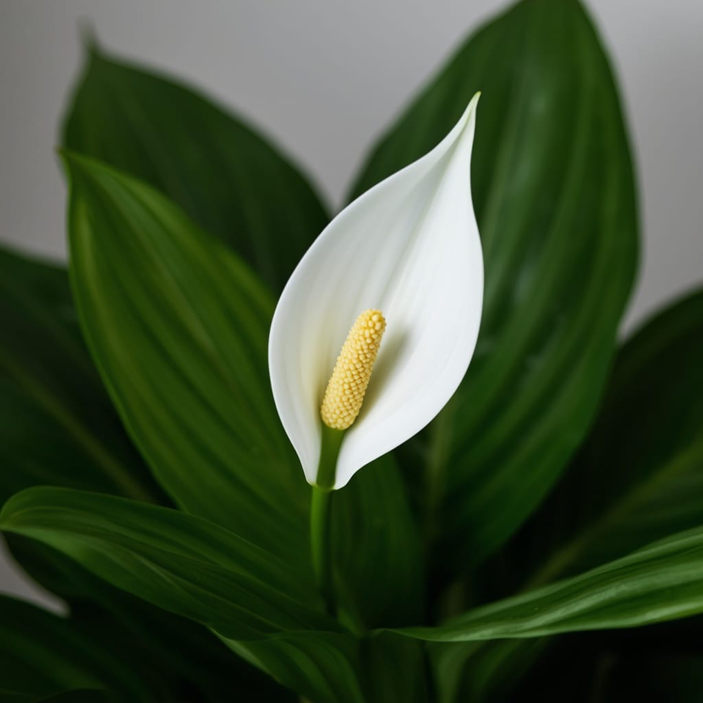 A white peace lily plant with a single white bloom and glossy dark green leaves