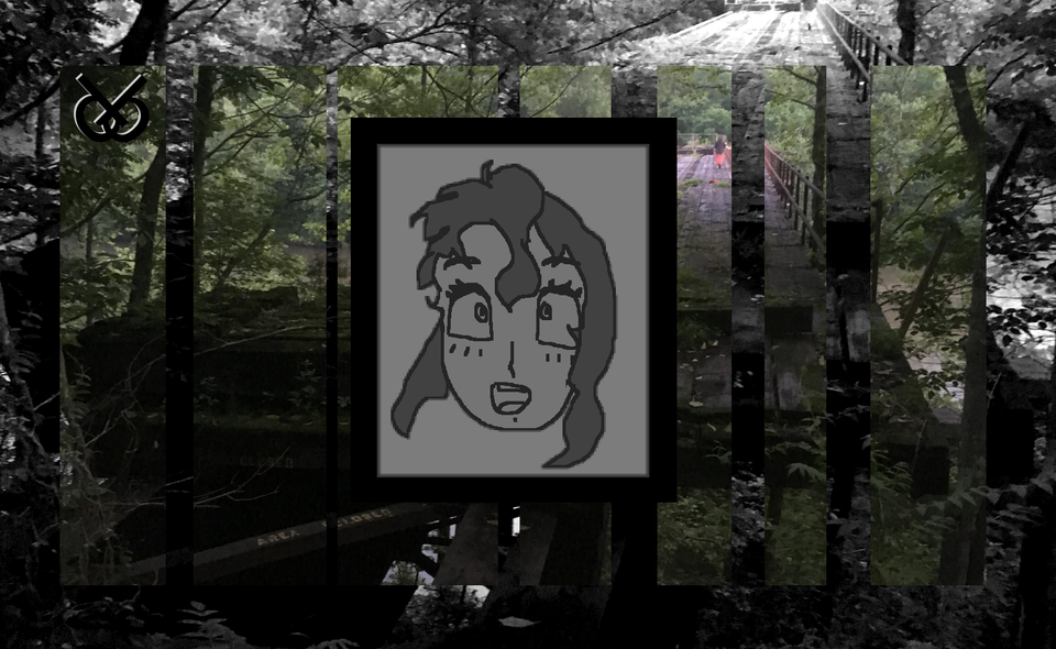 pixelated picture of a cute character in the center of a photo of a person in the distance, standing on a foresty bridge.