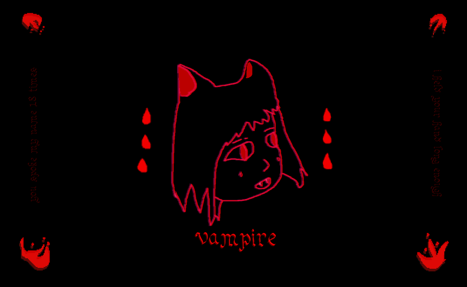 the title "vampire" in gothic script and a cute cat person with drops of blood descending & flowers