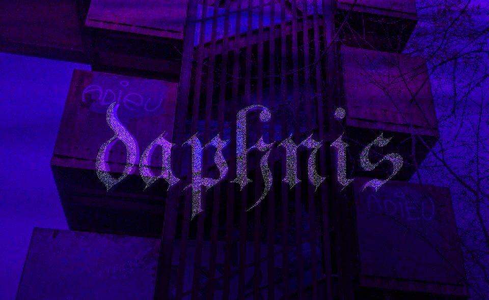 metal stairs in a brutalist design that have "adieu" spray painted on two of the stairwells. daphnis logo