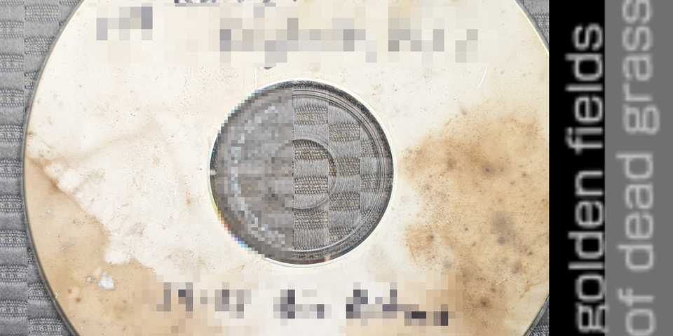 a cdr with writing on it that has been pixelated. it's decayed-looking. it says the title of the issue.