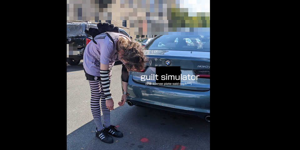 daphnis leaning over with their arms dangling in front of a car bumper wearing mall goth fit