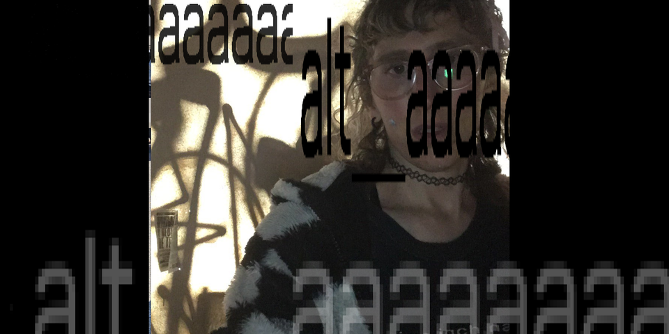 daphnis in front of paint back-lit with the title of the zine issue in pixelated text all over the place