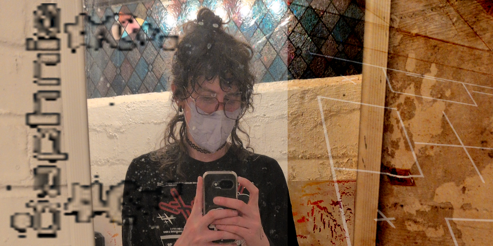 daphnis logo on left, mirror selfie with bun, robot pattern 