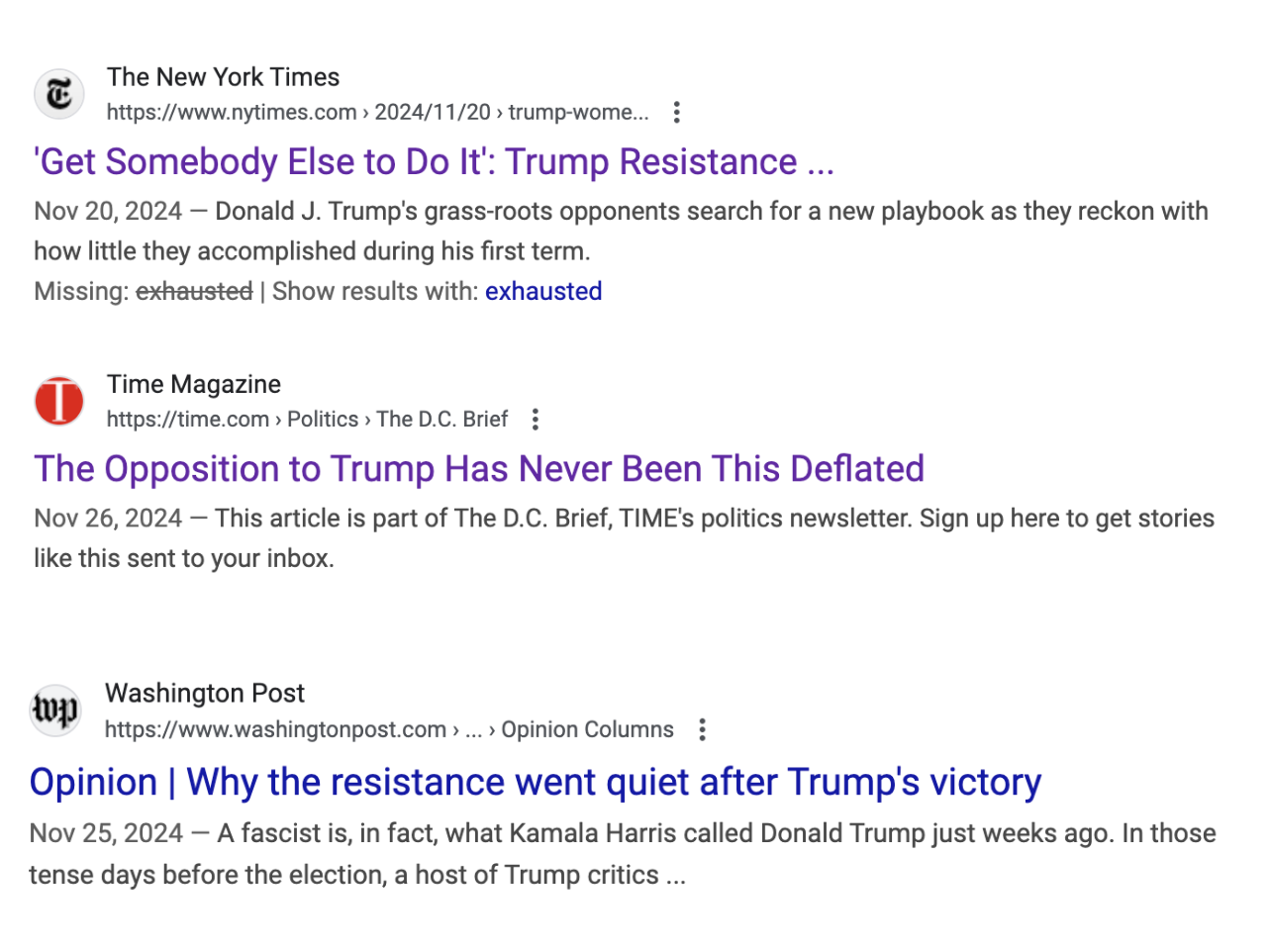 A series of headlines from NYTimes. Time, and WaPo suggesting the resistance is over, dead, or asleep