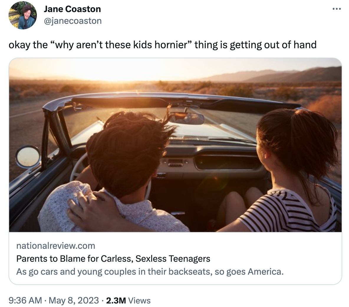 Screenshot of a tweet by journalist Jane Coaston commenting on the National Review piece
