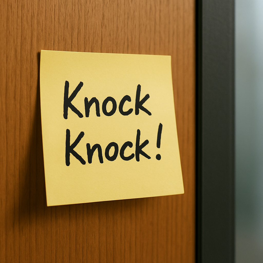 A Post-It on a door with 'Knock Knock!' written on it.