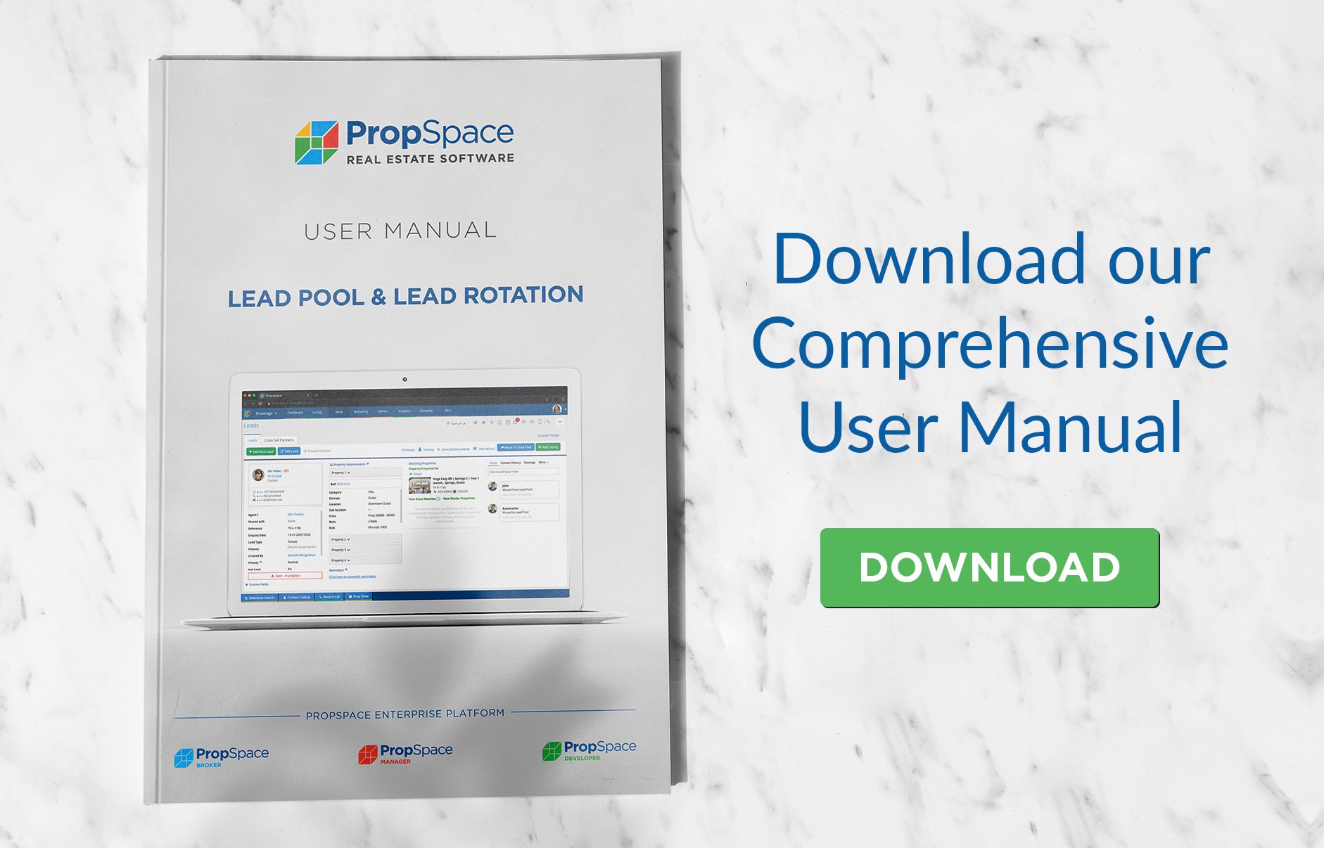PropSpace user manual with a "Download" button for lead pool and lead rotation.