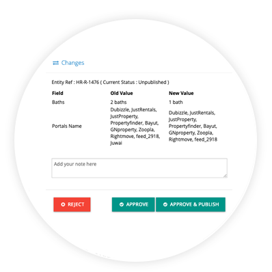 A user interface showing field changes for the number of baths in an apartment in the Real Estate Software from PropSpace.