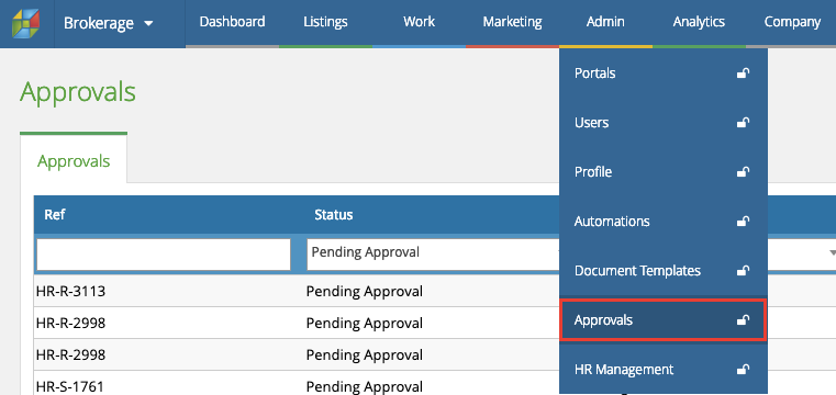 The screenshot displays the 'Approvals' section within the Real Estate Software from PropSpace.