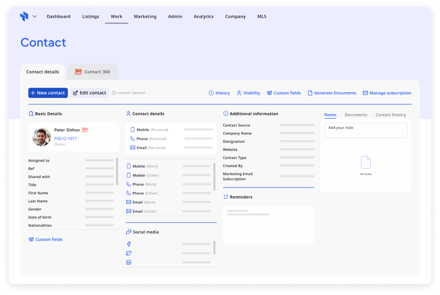 Real estate CRM dashboard for contact details