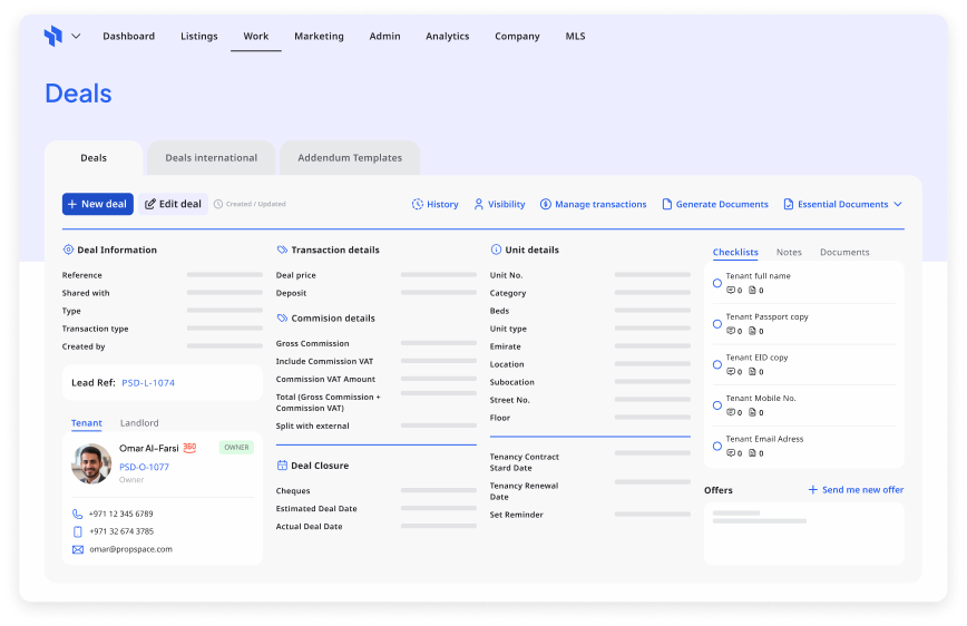 Real estate CRM platform dashboard displaying data for deal management